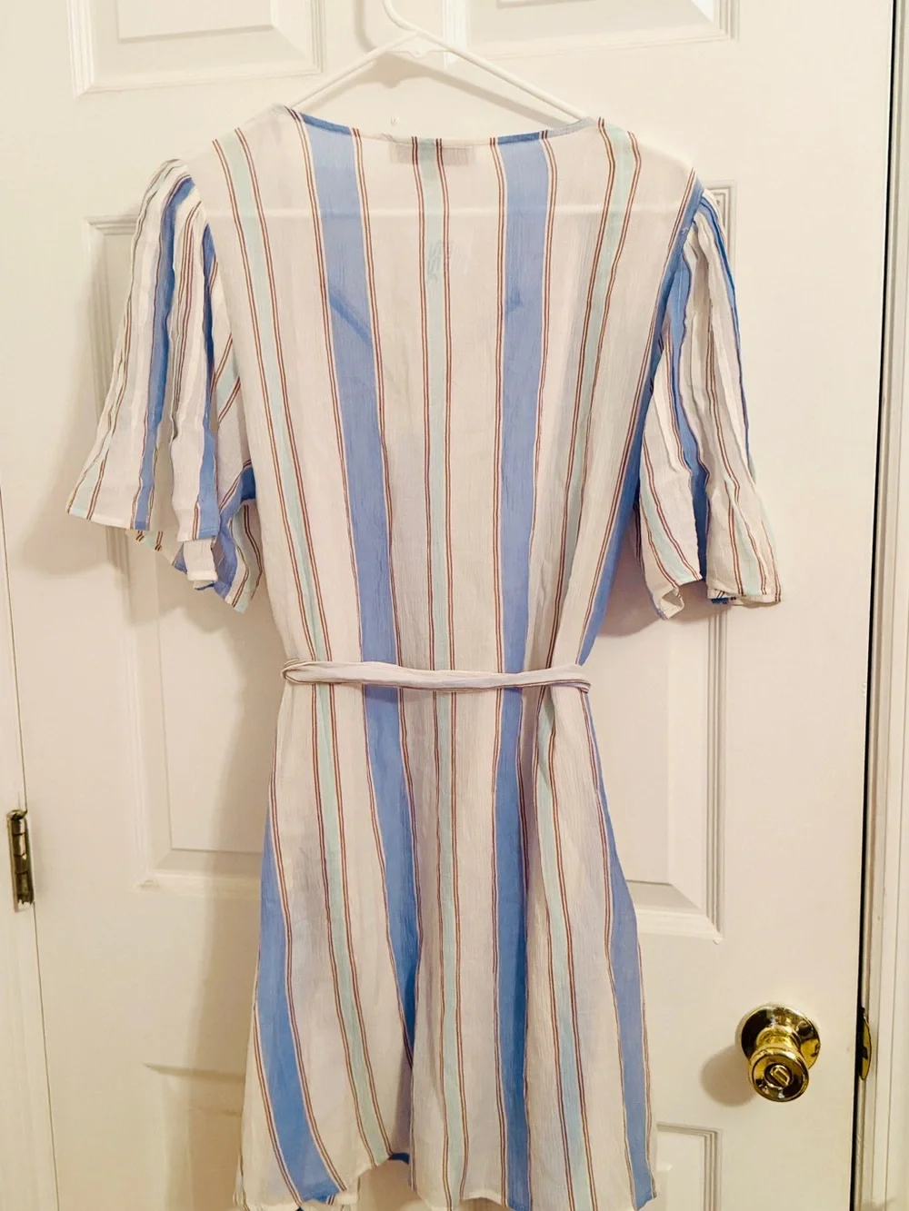 LOFT Striped V-Neck Tie-Waist Beach Dress in Blue and White
